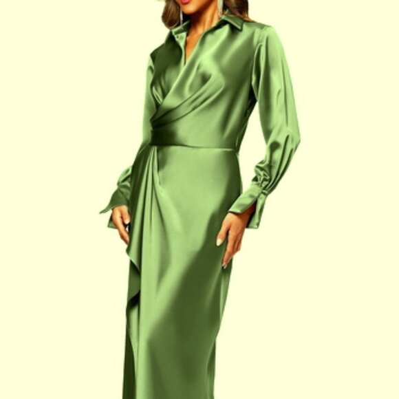 Xscape Dresses & Skirts - Xscape Olive Green Collar Long Sleeve Satin Gown Dress